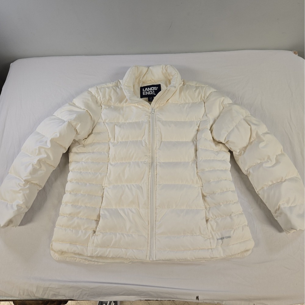 Lands End Womens Quilted Down Puffer Jacket Coat Size Large Petite Ivory White